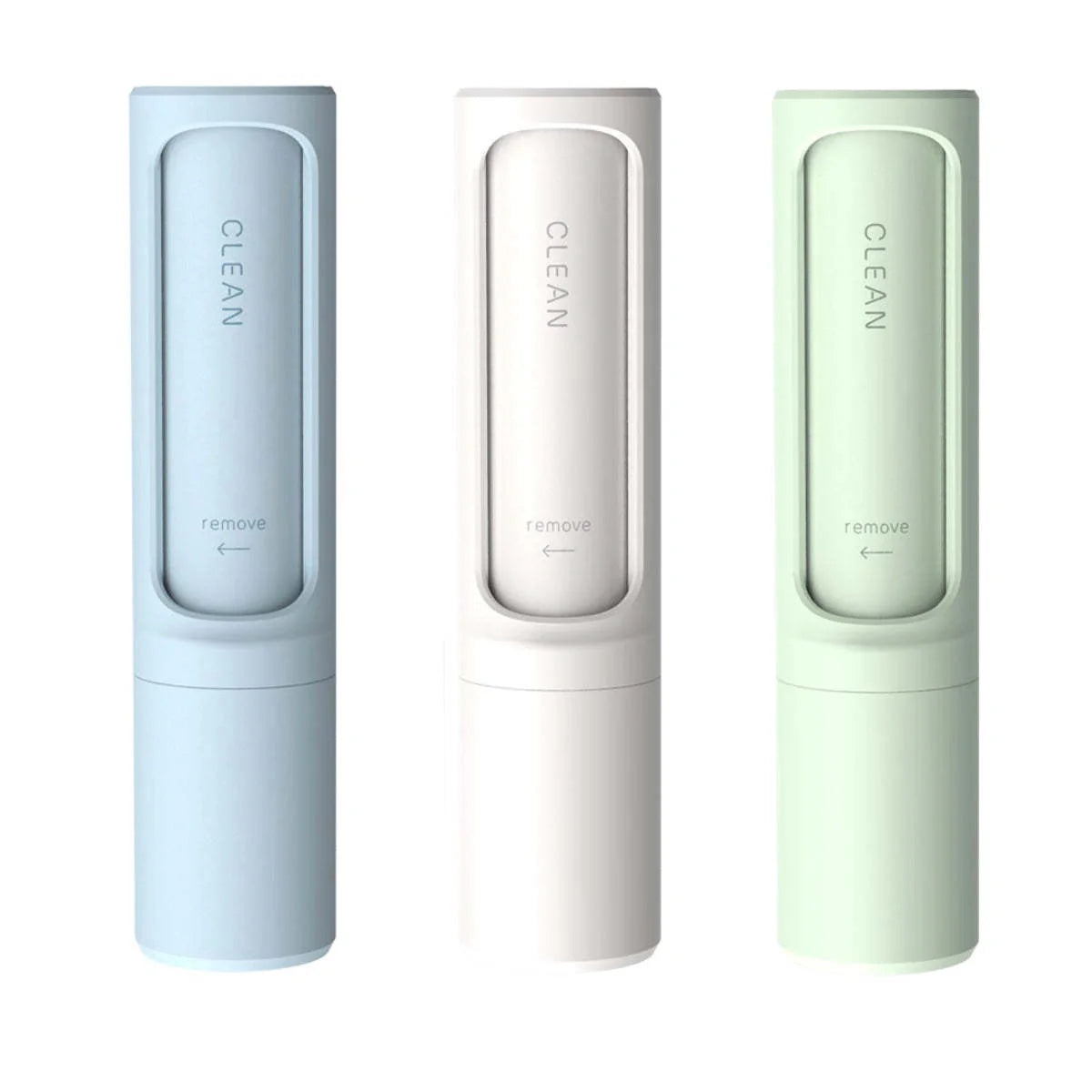 Rotating cylinder electrostatic pet hair remover brush in white, blue, green, and pink