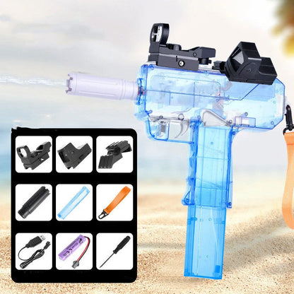 Uzi Electric Burst Water Gun with rechargeable battery and transparent design