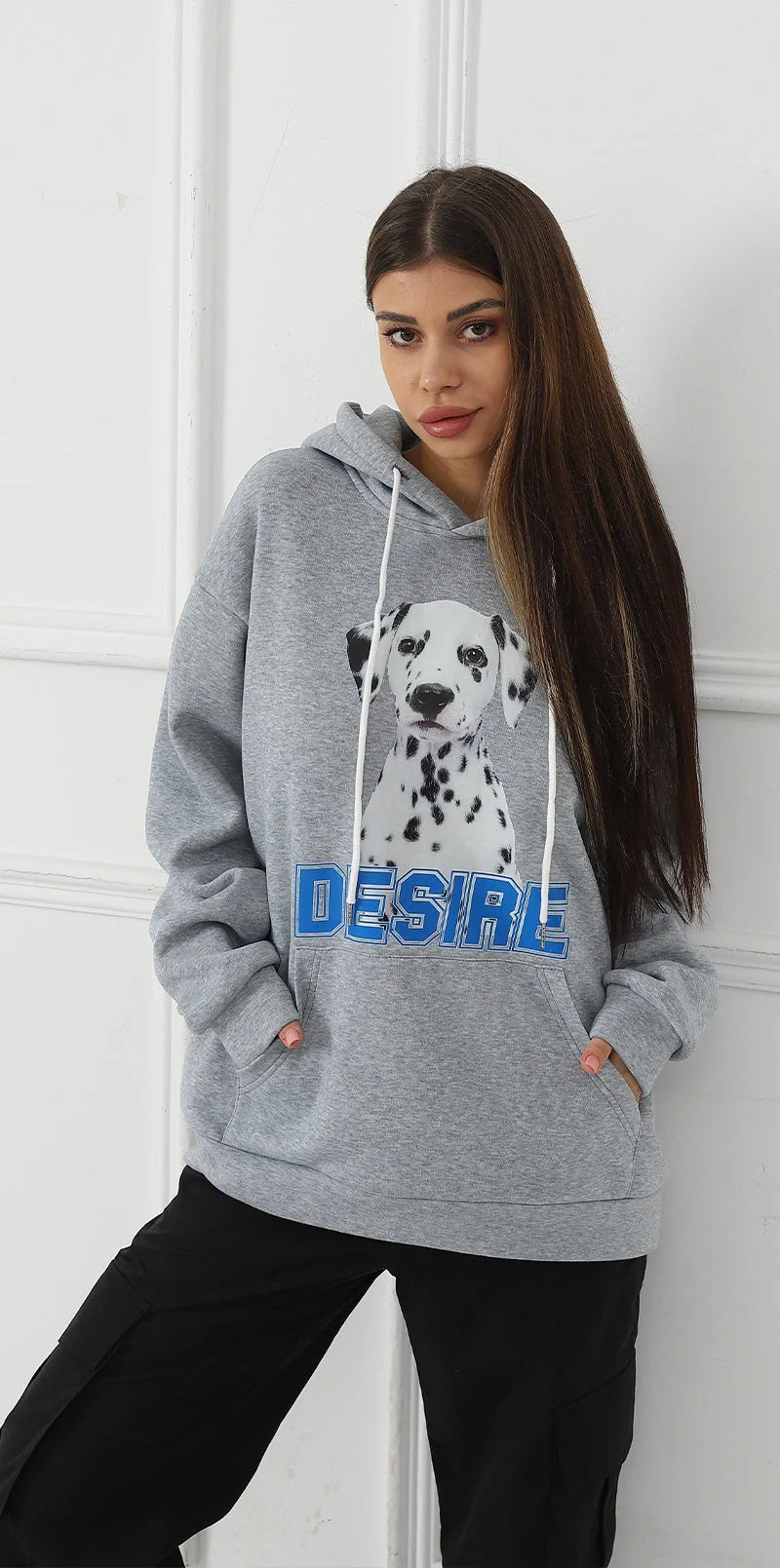 Stylish women's printed long sleeve sweatshirt in black, white, and grey