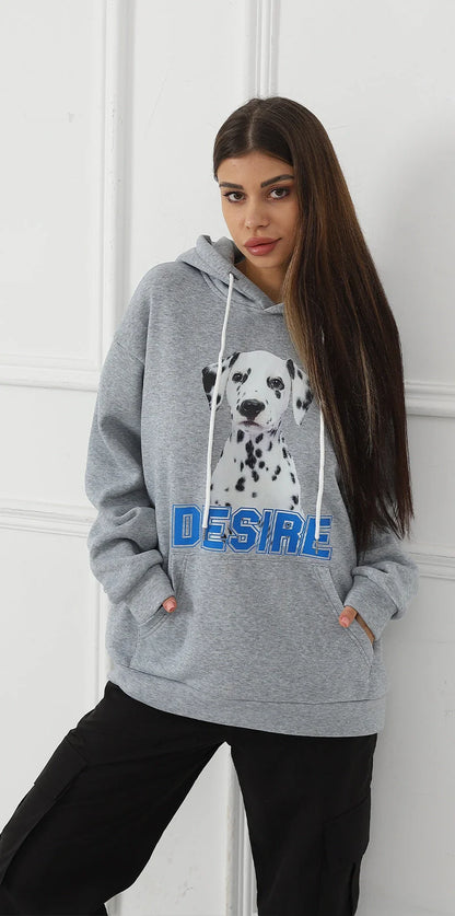 Stylish women's printed long sleeve sweatshirt in black, white, and grey