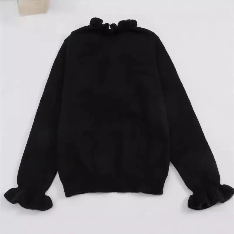 Stylish V-Neck Ruffled Knit Jumper in Black and White Colours for Women