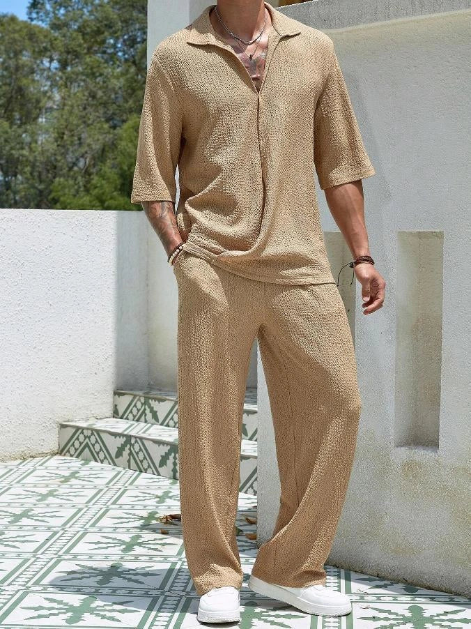 Men's summer commuter suit in cotton, short-sleeved top and loose straight trousers