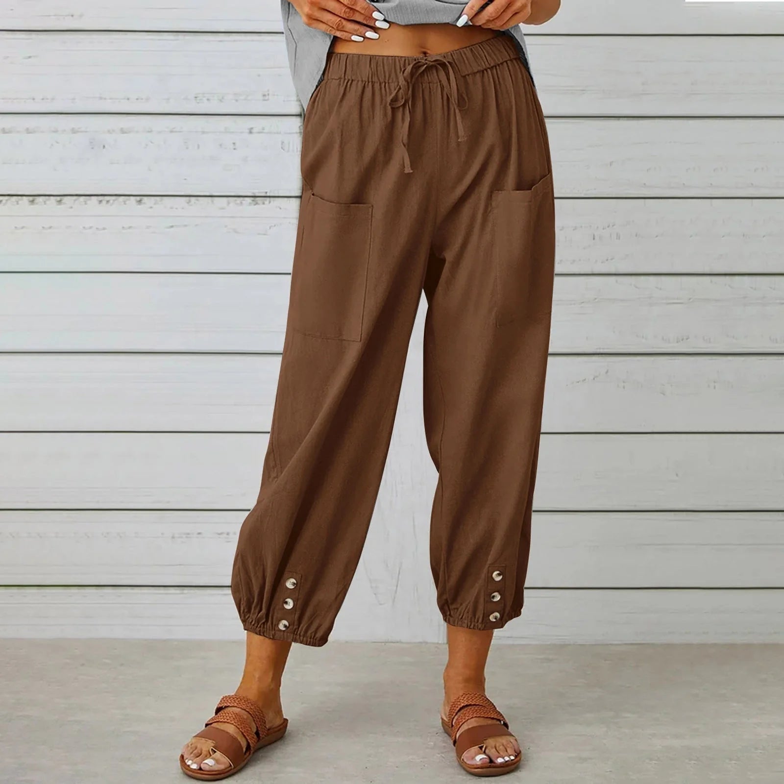 Women's cotton and linen drawstring tie pants with pockets, available in multiple colours and sizes.
