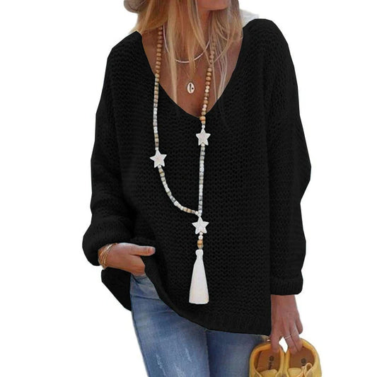 V-neck Long Sleeve Knit Top in black, apricot, and blue
