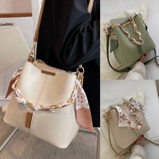 Women's PU bucket bag in white, army green, and light brown with adjustable shoulder strap
