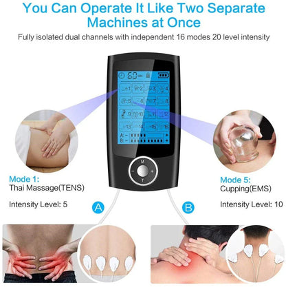Digital physiotherapy TENS massager with 16 massage modes, adjustable intensity and timer, dual output channels, and compact design for pain relief and muscle relaxation