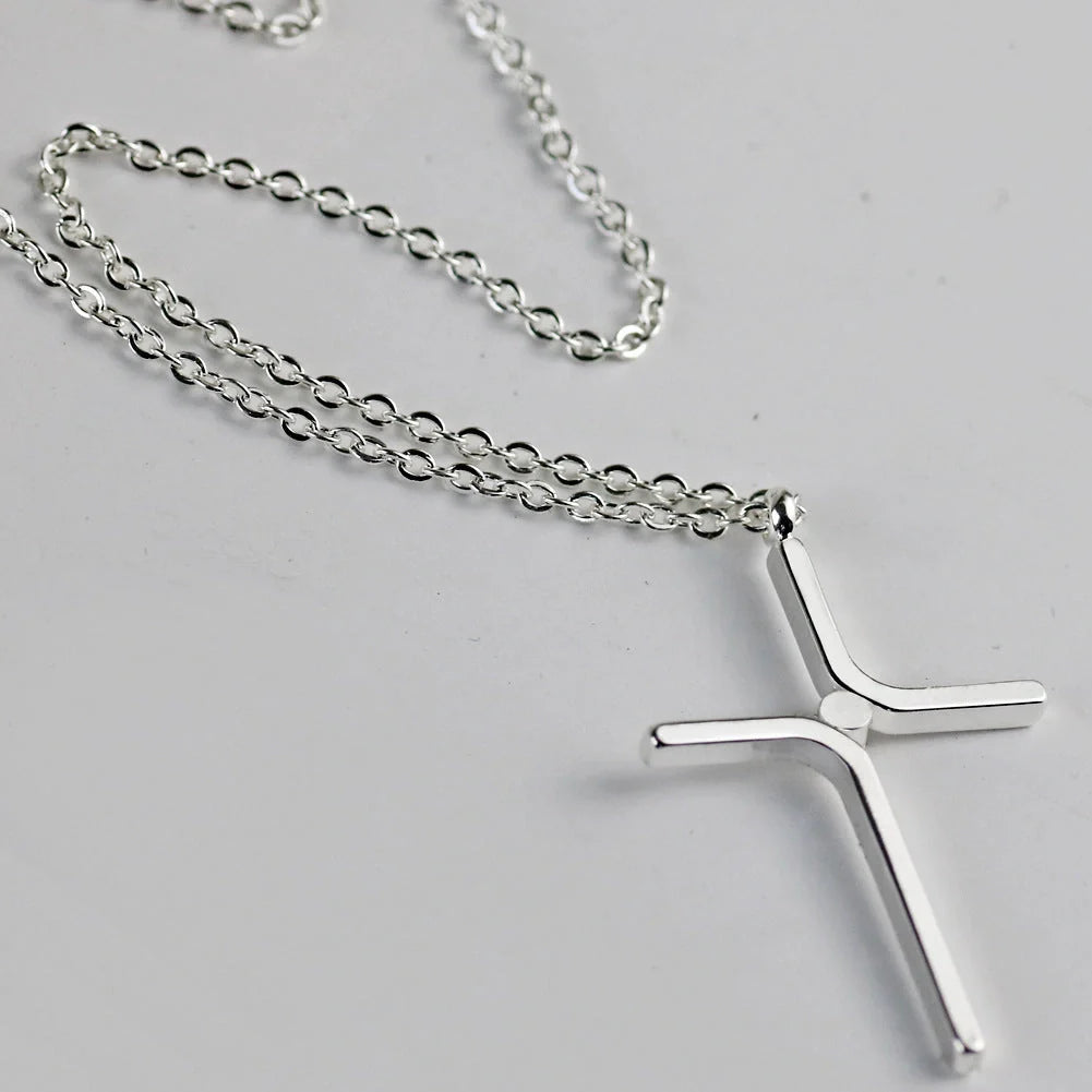 Elegant titanium steel cross pendant necklace with water wave chain