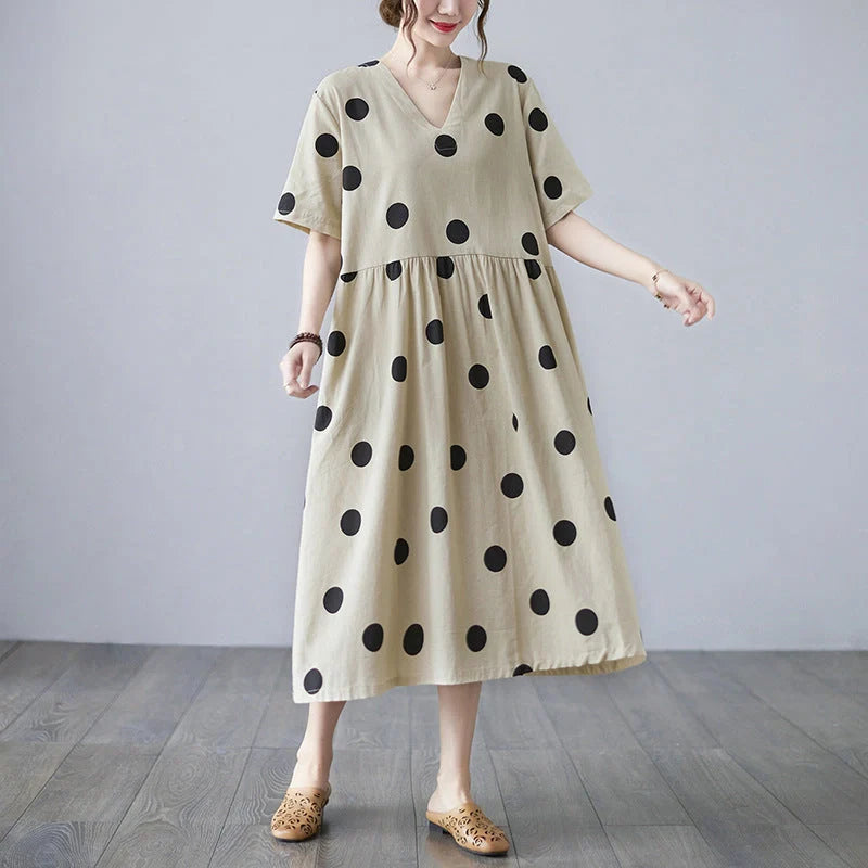 Breathable linen V-neck short-sleeved dress in apricot, perfect for summer