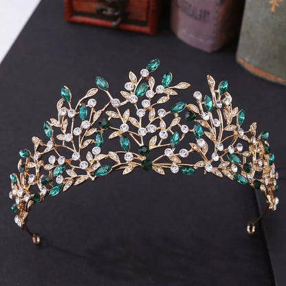 Vintage rhinestone headdress crown with green phantom quartz crystals, perfect for stage and party