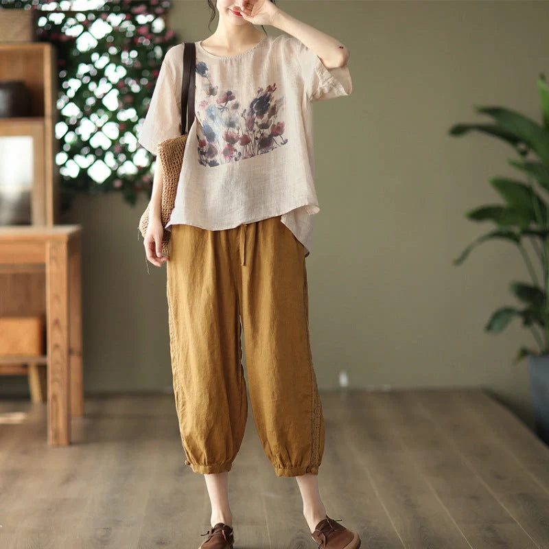 Vintage ink print casual T-shirt for summer in white, champagne, and dark gray