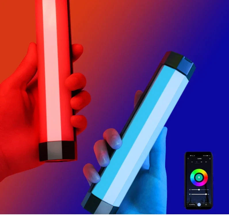 Vibrant LED photography lighting wand with wireless remote control, offering customizable color and brightness for creative lighting solutions