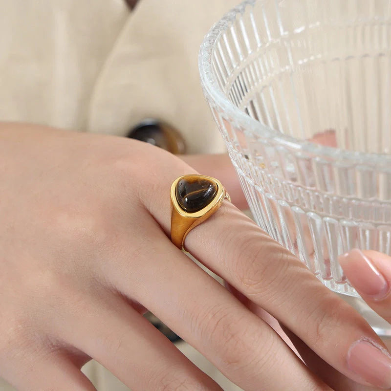Retro titanium steel ring with natural stone in pink crystal and Tigereye options
