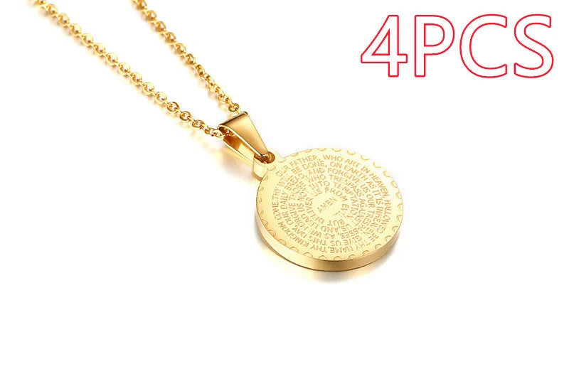 Premium stainless steel pendant with sparkling rhinestones and engraved English Scripture