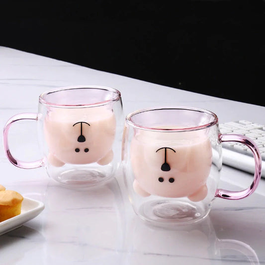 Creative Bear Double Coffee Milk Glass in pink, amber, transparent, and lake green colours