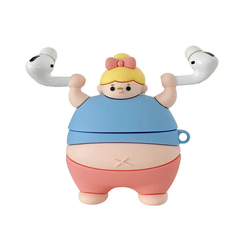 3D Cute Little Fat Man Lifting Weights Silicone Case for AirPods Pro