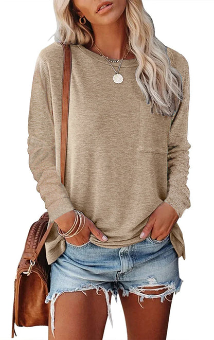 A long-sleeved cotton-polyester blend T-shirt in a variety of classic and on-trend colours, featuring a stylish chest pocket design.