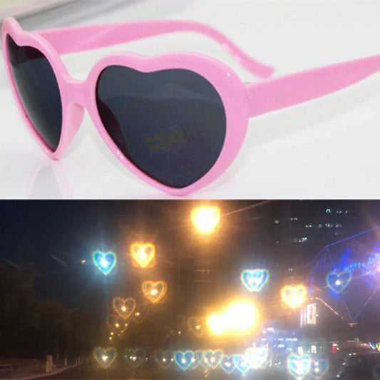 Stylish heart-shaped sunglasses with unique lens design that transforms light into enchanting special effects