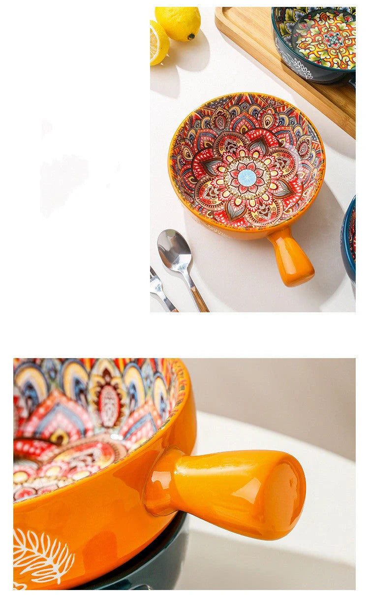 Set of elegant ceramic dessert bowls featuring hand-painted floral patterns in blue, red, and green glazes