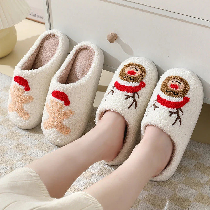 Cozy Christmas slippers in festive designs like Santa Claus, Moose, and Gingerbread Man, featuring plush lining and durable soles