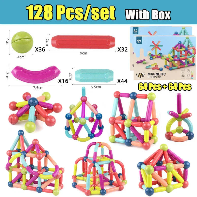 Versatile magnetic construction set with various building blocks and rods, allowing children to create imaginative structures and models
