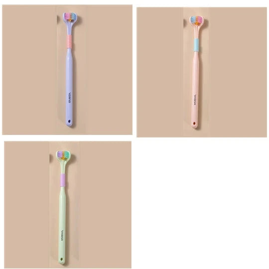 Soft bristle toothbrush with 3-sided brush head for thorough dental cleaning