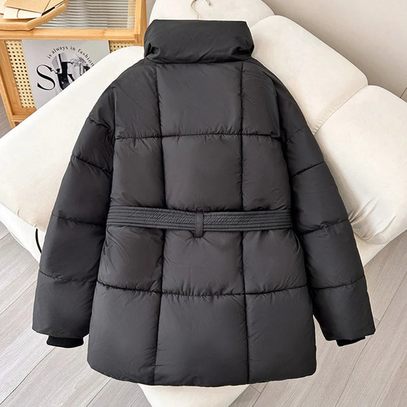 Women's Warm Lapel Plaid Coat with Belt in Black, White, and Brown