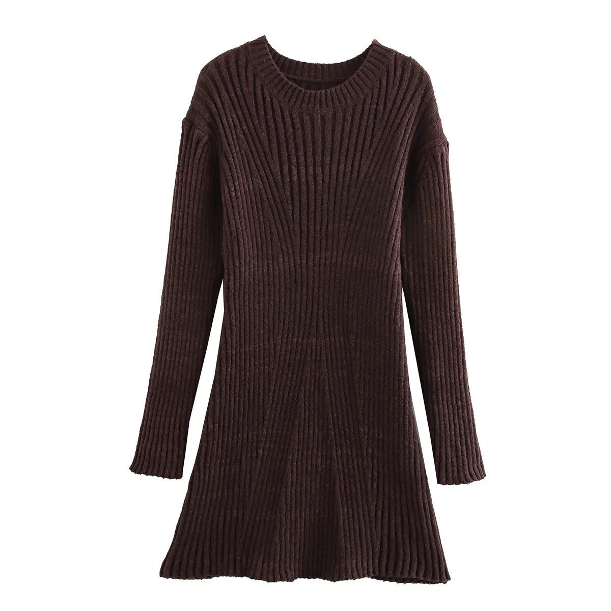 Stylish ribbed knitted dress for women in various colours, featuring a slim fit and stand-up collar.