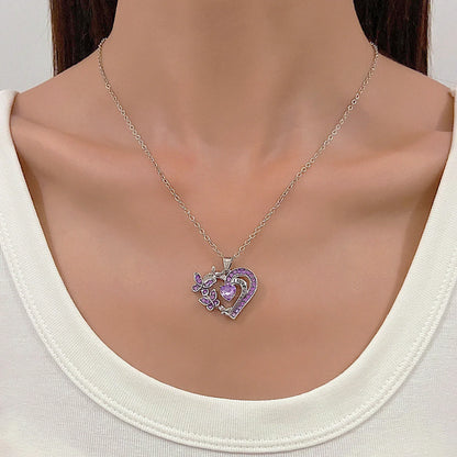Butterfly Love Necklace with rhinestones and hollow heart-shaped pendant in white, purple, or pink