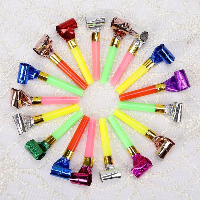 Colourful dragon-themed party favours made of high-quality plastic, including sticks and hammers in a variety of vibrant hues