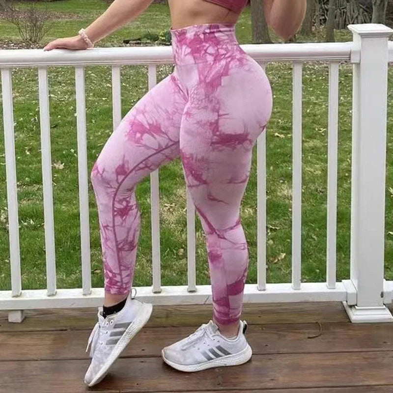 Women's tie dye seamless yoga leggings with push-up design in various colours