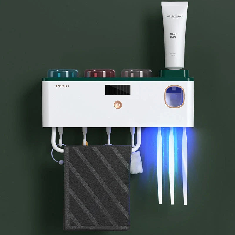 Multifunctional UV Germicidal Toothbrush Rack with magnetic cup and toothpaste squeezers