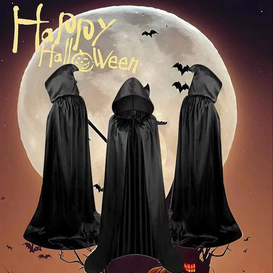 Premium wizard capes in black, gold, and purple with hooded designs, perfect for Halloween costume parties and dress-up events.
