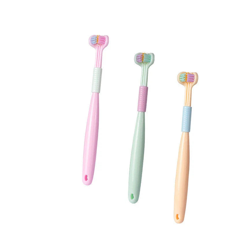 Soft bristle toothbrush with 3-sided brush head for thorough dental cleaning