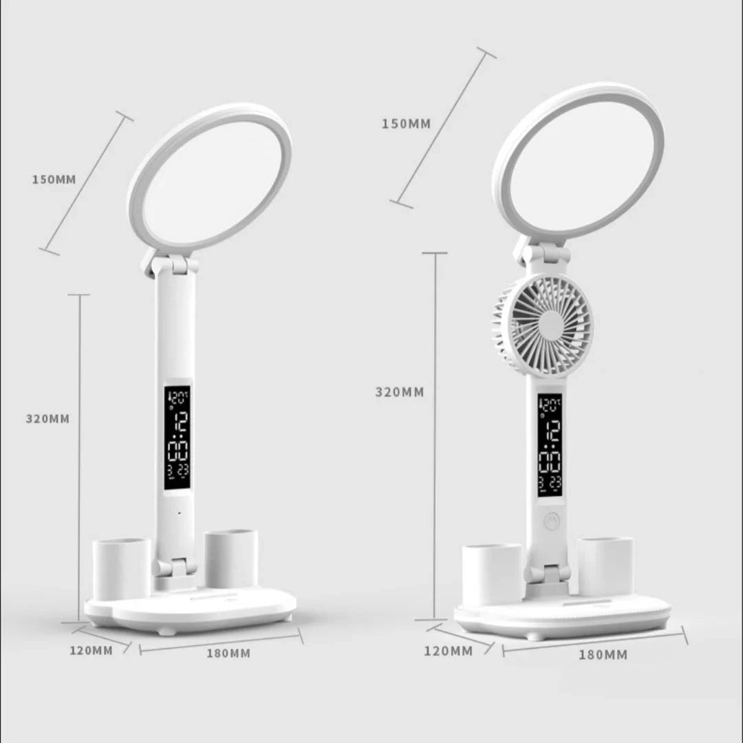 Versatile USB charging table lamp with LED clock, dimmable lighting, and detachable fan for workspace convenience and comfort