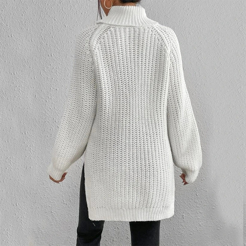 A stylish turtleneck pullover sweater with a unique split design, available in a variety of classic colours and sizes.
