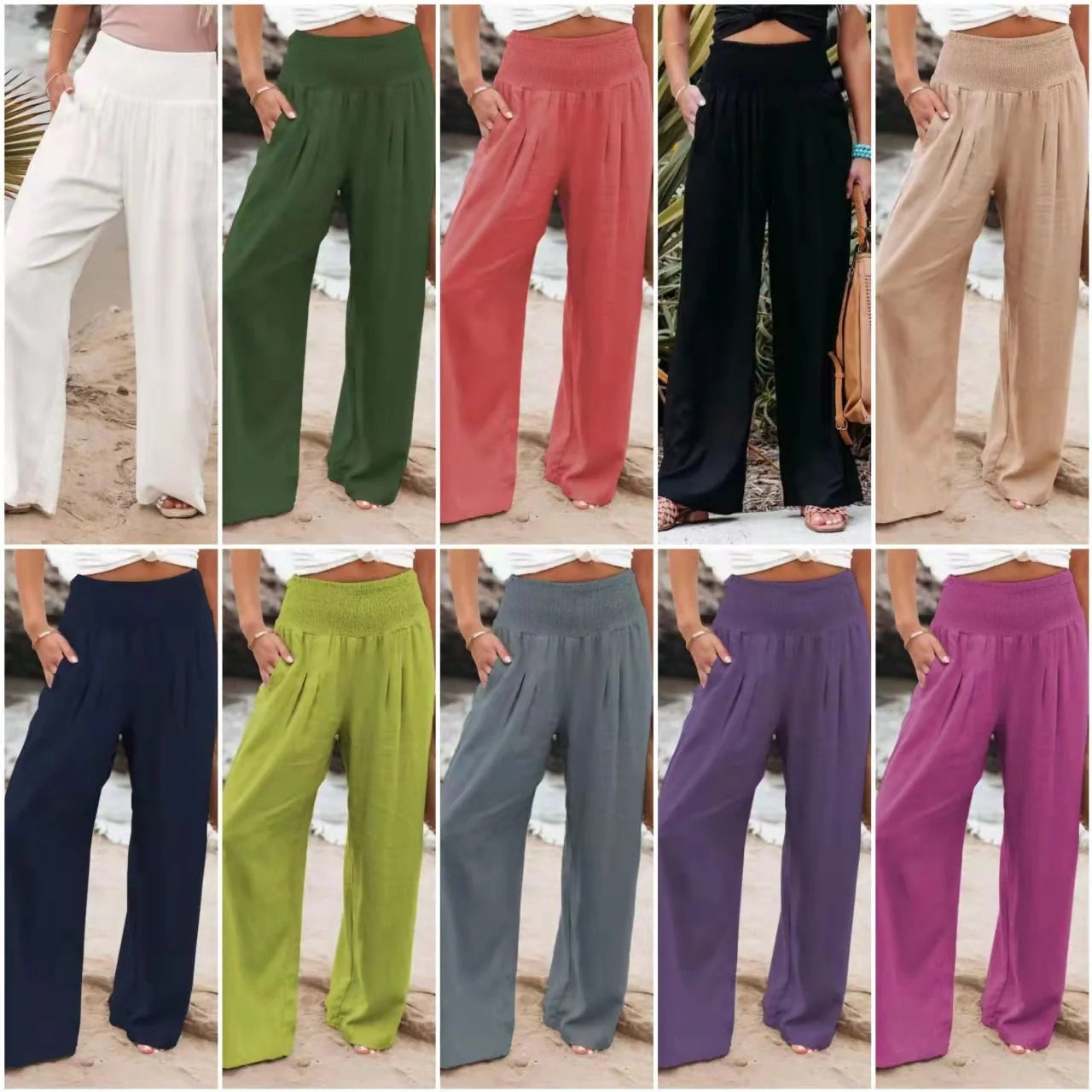 Women's stylish cotton linen wide leg trousers in various colours