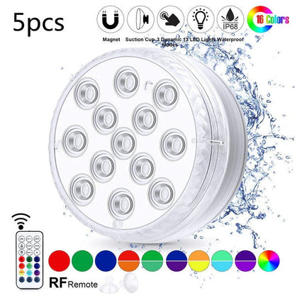 Wireless submersible LED lights with remote control, perfect for pools, spas, and outdoor decor