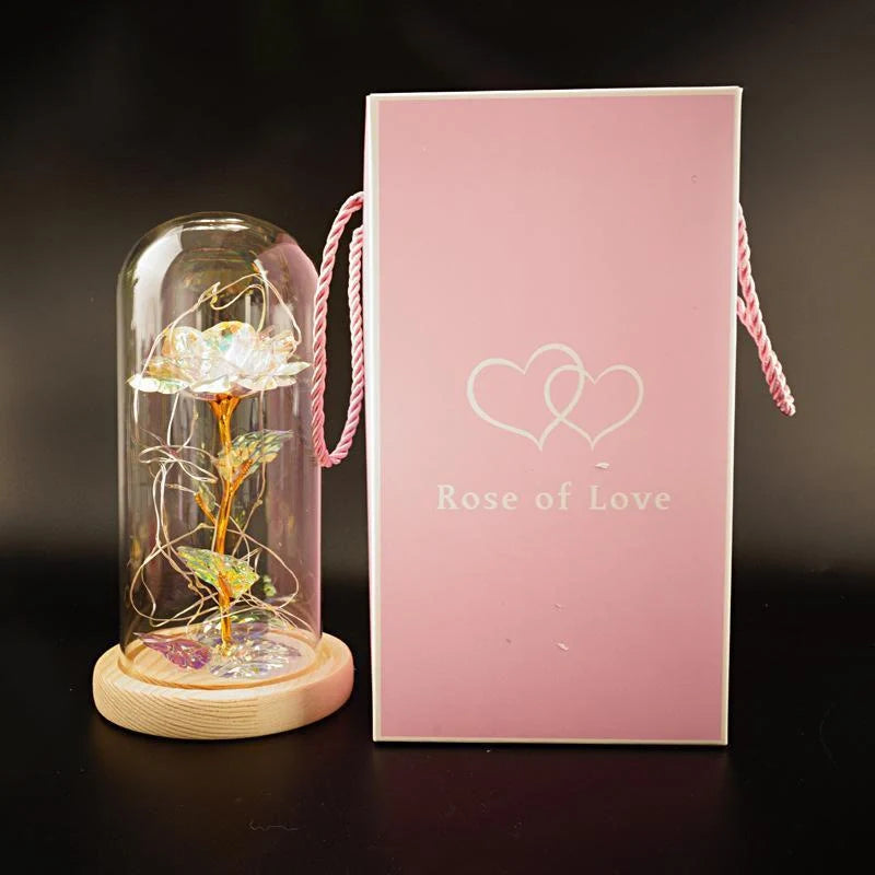 Enchanted Forever Rose in Glass LED Light decoration with realistic rose and wooden base