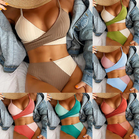 Ribbed women's patchwork bikini with knot back design in various colors