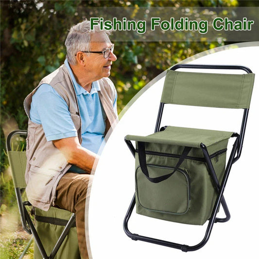 Portable foldable fishing chair with built-in refrigerator for keeping drinks and snacks chilled during outdoor activities