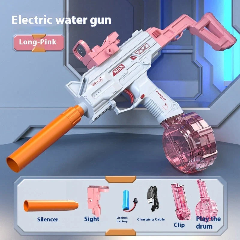 Children's Automatic UZI Electric Backpack Water Gun in technology blue and girl pink