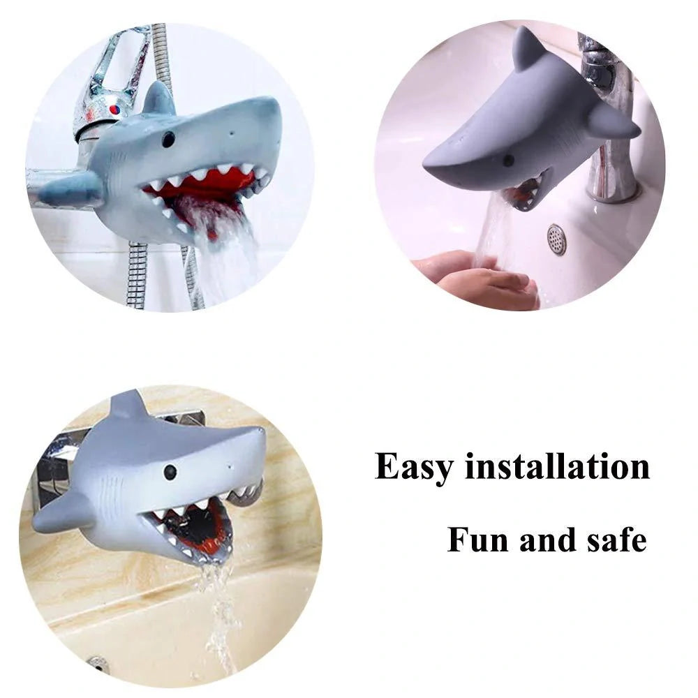 Child using silicone faucet extender for hand washing in grey shark design