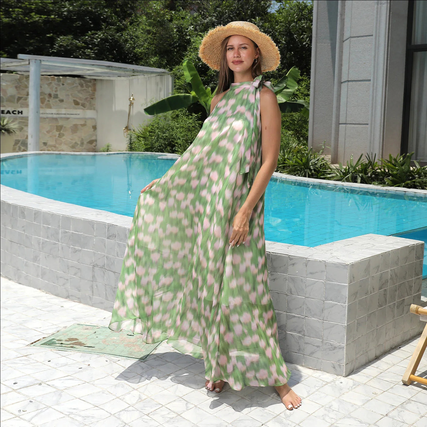 Women's simple printed polyester dress in white, available in sizes S to 4XL