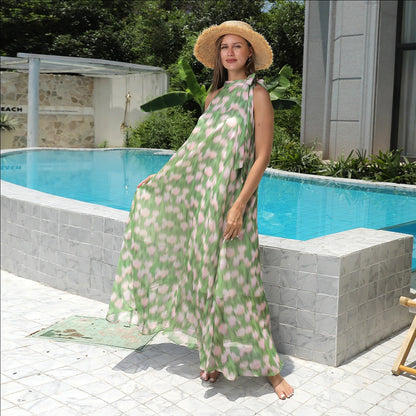 Women's simple printed polyester dress in white, available in sizes S to 4XL