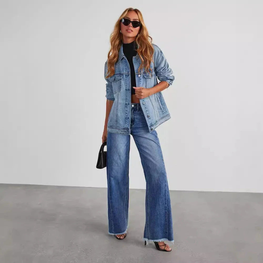 High-rise jeans with pockets, comfortable slim-fit straight leg pants for women in various colors