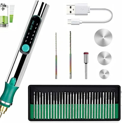 Rechargeable engraving pen with adjustable speed, mini grinder, and various accessories for personalization and crafting