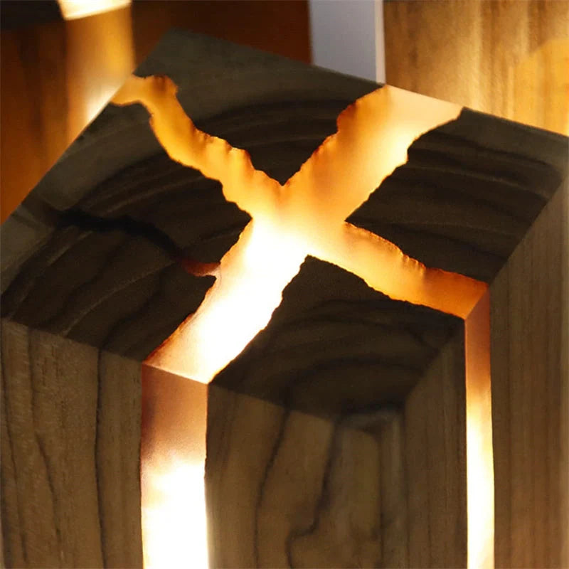 Adjustable wooden LED desk lamp with USB charging port in rustic brown finish