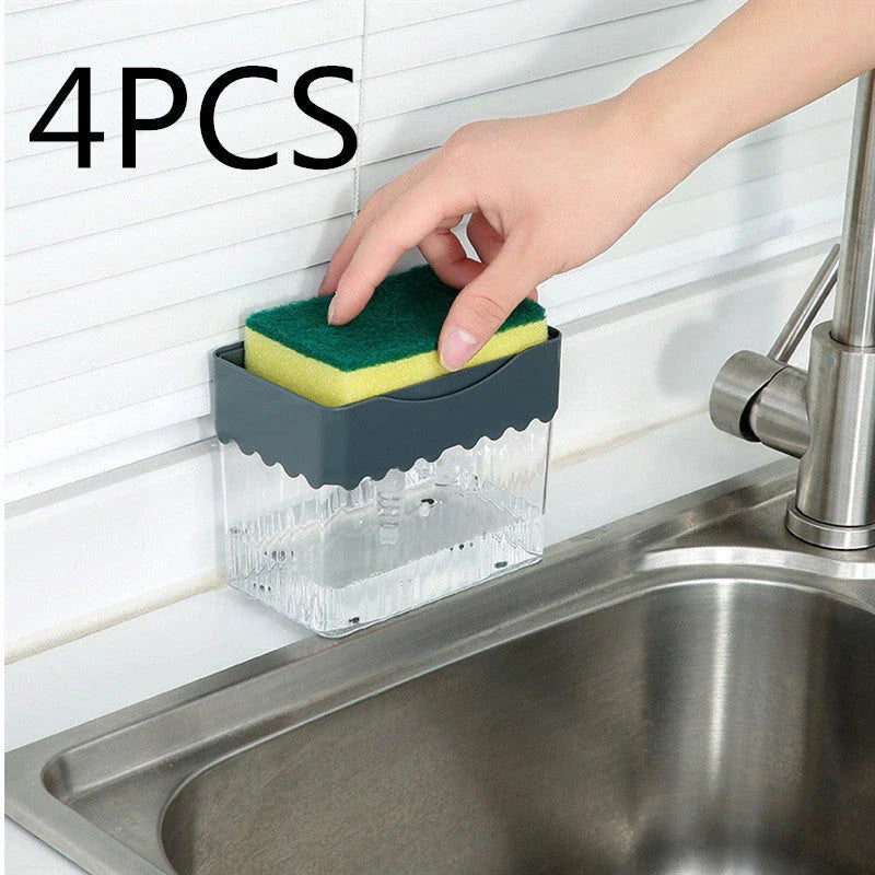 Sleek 2-in-1 soap dispenser and sponge caddy with push-button operation, modern design, and large 380ml capacity