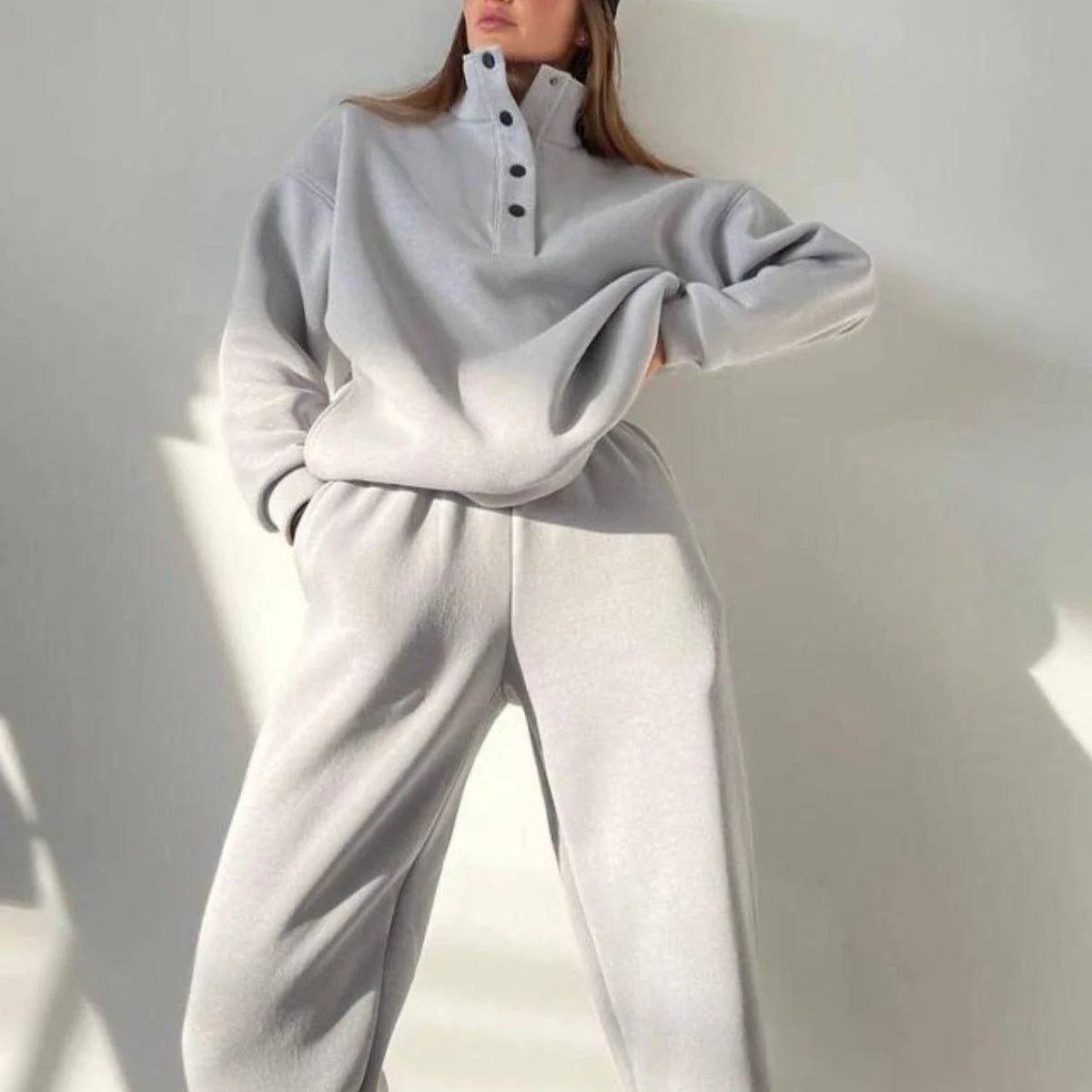 Oversized cotton blend pullover and pant set in neutral colors for comfortable, stylish everyday wear