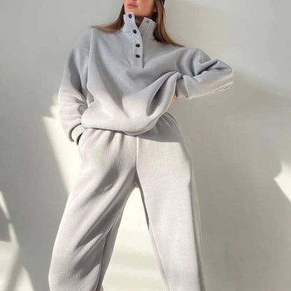 Oversized cotton blend pullover and pant set in neutral colors for comfortable, stylish everyday wear
